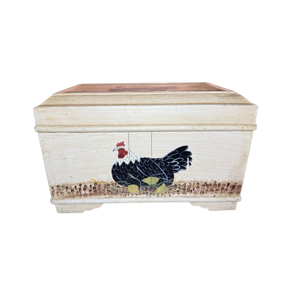 Vintage Rooster Chicken Painted Wood Box Trinket Jewelry Storage Decor